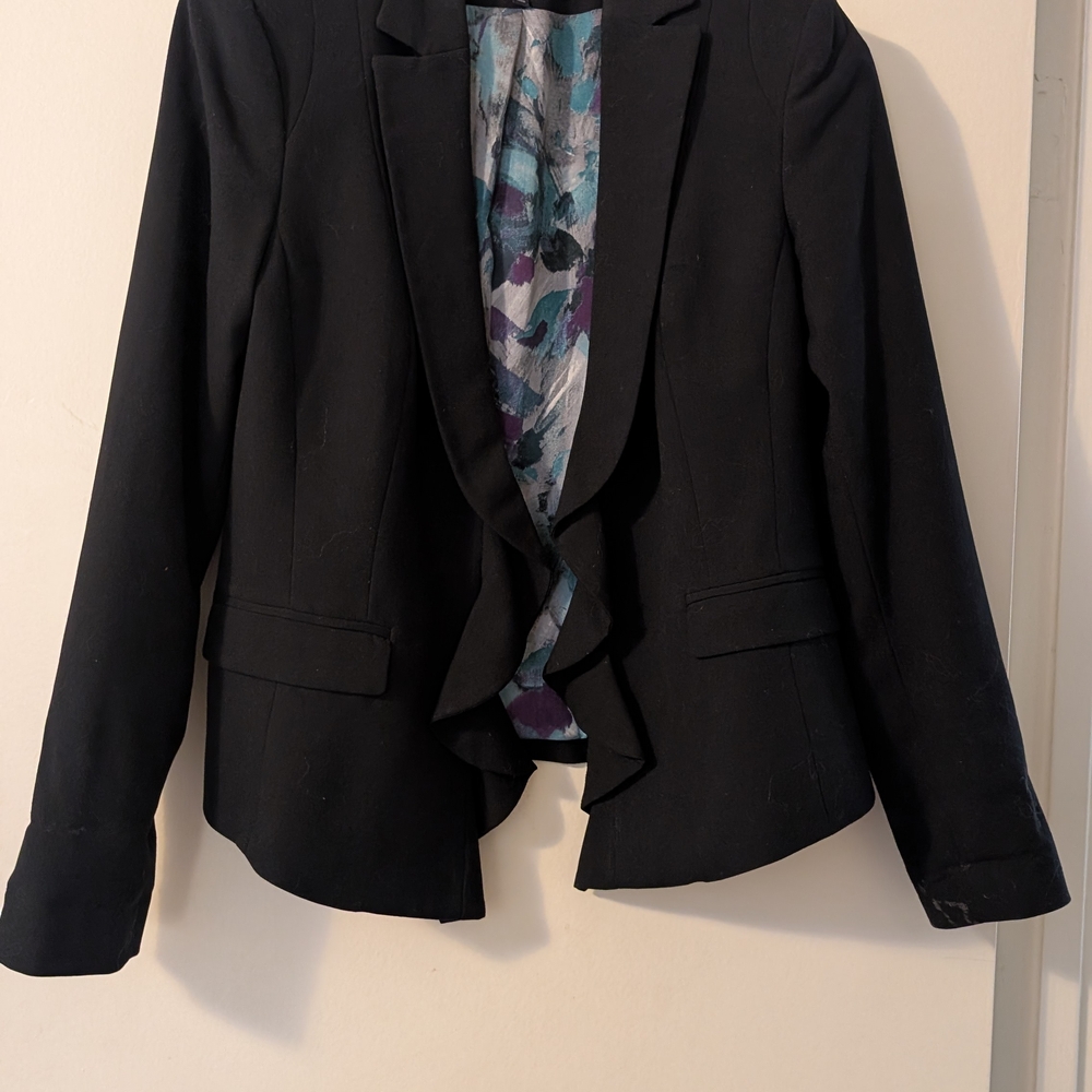 Anne Klein Black Tailored Blazer with Notched Lapels Ruffled Detail